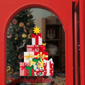 Merry Christmas static window stickers featuring stacked gift box tree and red arch background