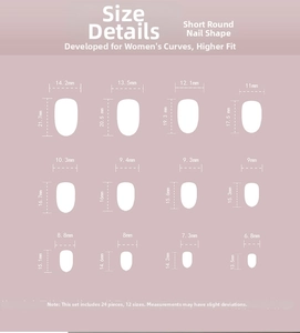Size chart for short round press-on nails showing 12 dimensions for a perfect fit