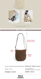 Detail view of woven straw bucket bag with zipper closure and dual-tone texture