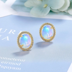 Elegant gold opal stud earrings for women with oval halo zircon setting in a minimalist style