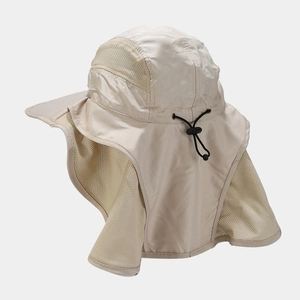 Beige outdoor sun hat with neck protection flap and breathable mesh panels