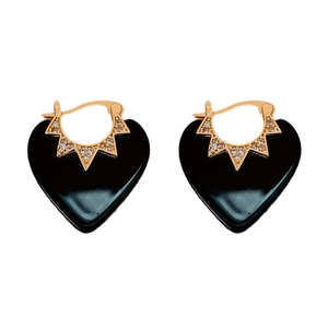 Vintage gold plated heart drop earrings with black enamel and sparkling zircon stones