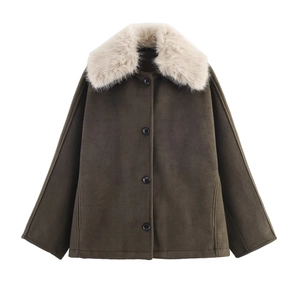 Dark brown suede jacket with a thick off-white faux fur collar and black buttons