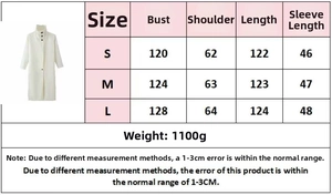 Detailed size guide table for long wool coat with bust and shoulder measurements
