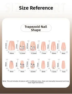 Detailed size chart for short coffin press-on nails featuring width and length specs