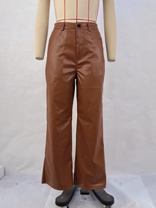 Damen Vintage PU-Lederhose mit weitem Bein in Braun mit hoher Taille und lockerer Passform