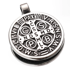 Silver St. Benedict Medal pendant necklace with engraved Viking series rune cross