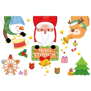 Cartoon Christmas window stickers featuring Santa, reindeer, and snowman for glass decor