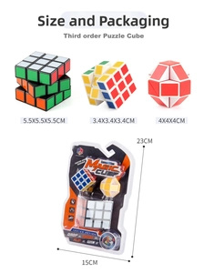 Educational 3x3 puzzle cube set and snake twist ruler shown in retail blister packaging