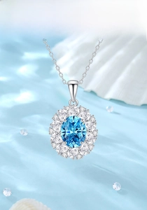 Macro shot of S925 silver necklace with oval blue stone and white zircon petals