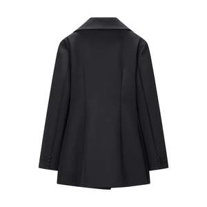 Slim fit black blazer jacket for women featuring a V-neck and stylish back view detail