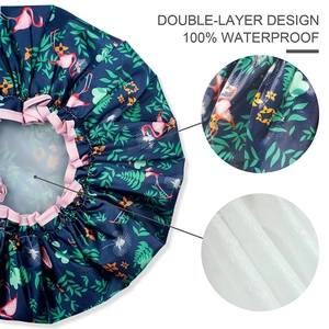 Double-layer waterproof shower cap with navy flamingo print and elastic band design