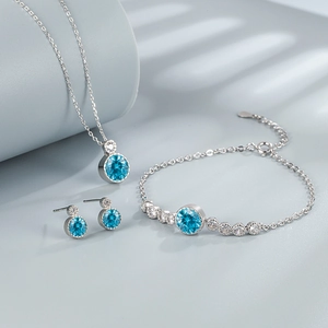 Parure de bijoux en argent S925 avec pierres bleues océan rondes et colliers