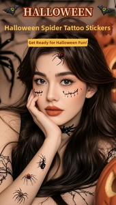 Realistic 3D spider and cobweb temporary tattoos on model for Halloween party styling