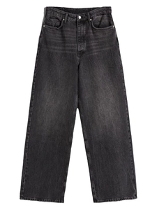 Flat lay of retro high-waisted wide-leg denim jeans in washed black with five pockets