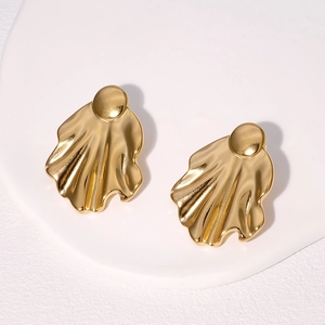 Minimalist gold-plated stainless steel stud earrings with irregular wrinkled leaf texture