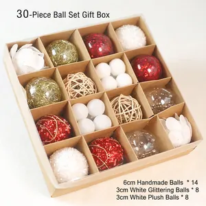 30-piece white and red Christmas ball ornament set in a kraft paper gift box