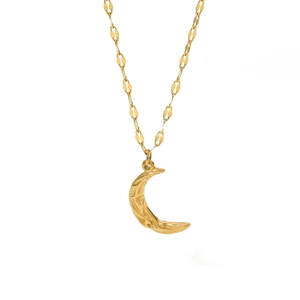 Lava moon necklace with irregular hammer texture and crescent moon drop pendant gold