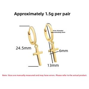 Detail view of gold cross drop earrings with 8mm inner diameter and 24.5mm length