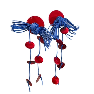 Bohemian silver needle round shell tassel earrings in vibrant red and blue contrast