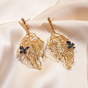 Hollow Leaf Dangle Earrings Copper Gold Plated With 925 Sterling Silver Earring Post Imitation Artificial Pearl Enamel Butterfly