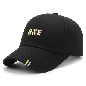 Classic black cotton baseball cap featuring gold ONE embroidery and flat brim design