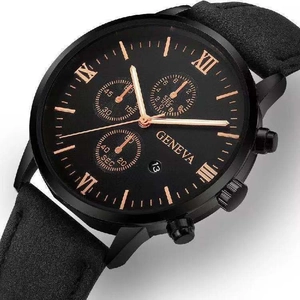 Detailed close-up of Geneva men's business watch with black dial and Roman numerals