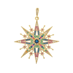 Detailed view of a gold star charm featuring vibrant colorful gemstones and a blue center stone
