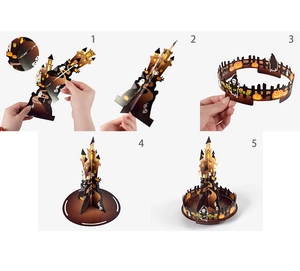 Five-step DIY assembly guide for Halloween castle paper boxes with 3D castle and pumpkin detail