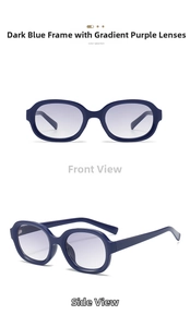 Deep blue oval sunglasses with purple gradient lenses showing front and side views
