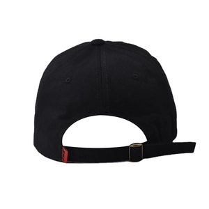 Detail of black cotton baseball cap back with adjustable strap and red XMX label