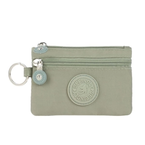 Minimalist bean green nylon coin purse with double zippers and metal keychain
