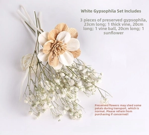 Detail of white preserved flower set with sola sunflower and rattan ball for home decor