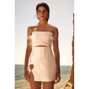 White Ostrich Feather Strapless Crop Top And High Waisted Sequin Mini Skirt With Rhinestone Cutout Slit Sexy Party Outfit