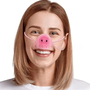 Macro detail of a handmade knit pig nose warmer with pink crochet straps for winter