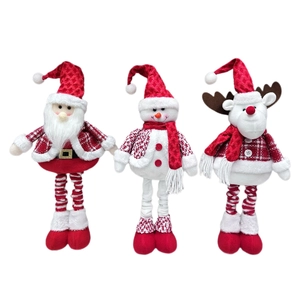 Three telescopic Christmas plush dolls featuring Santa, snowman, and reindeer figures