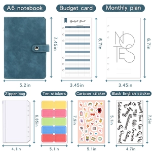 Detailed dimensions of A6 PU leather budget binder with zipper bags and sticker labels