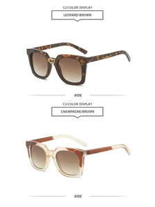 Detail view of square leopard and champagne oversized sunglasses with gradient lenses
