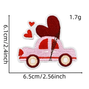 Pink cartoon car with red heart embroidery patch showing size and weight details