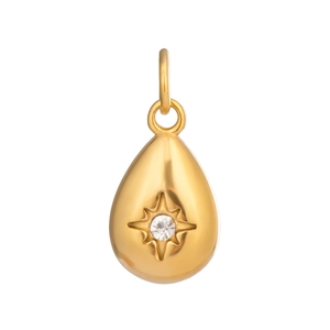Detailed view of 18K gold plated teardrop charm with starburst design and clear gemstone