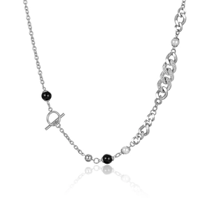 Unisex OT buckle pearl necklace with diamond-set cuban chain and black beads detail