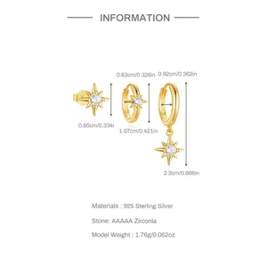 Detailed size and dimension specs for S925 sterling silver star hoop earrings set