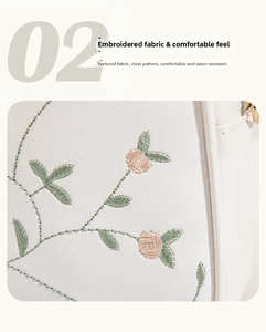 Close-up of floral embroidery on cream leather bag with delicate stitching details