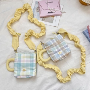 Water Bottle Bag Plaid Fabric Crossbody Pouch With Scrunchie Strap And Round Handle Korean Ins Style Cute Portable
