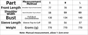 Size guide for women hoodie cotton jacket showing length, shoulder, bust and sleeve measurements