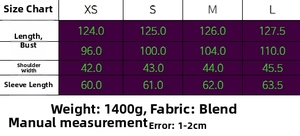 Detailed size chart for wool blend coat showing measurements in XS, S, M, and L sizes