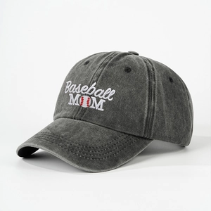 Close-up of charcoal gray washed cotton baseball cap with Baseball MOM embroidery