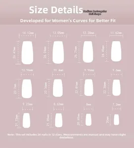 Size chart for 24pcs medium-long square press-on nails with 12 precise dimensions