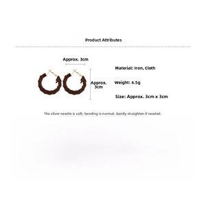 Detail view of brown fabric hoop earrings with product dimensions and 6.5g weight info