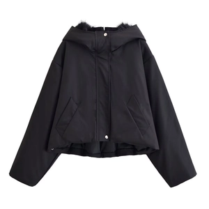 Women Black Cropped Hooded Jacket With Faux Fur Collar Polyester Zip Up Outerwear Solid Color Long Sleeve Casual Chic